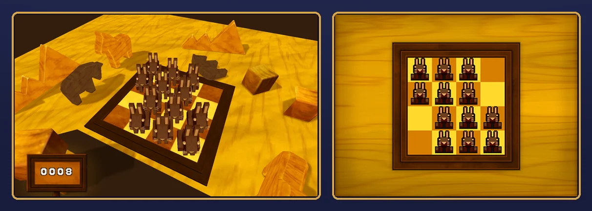 Bunny-Hop Swap solved, rebuilt from the game's art: all twelve rabbits brown on the 3D board with the jump counter at 0008, and on the touch display, where squares 4, 8, 9 and 13 are now the empty ones