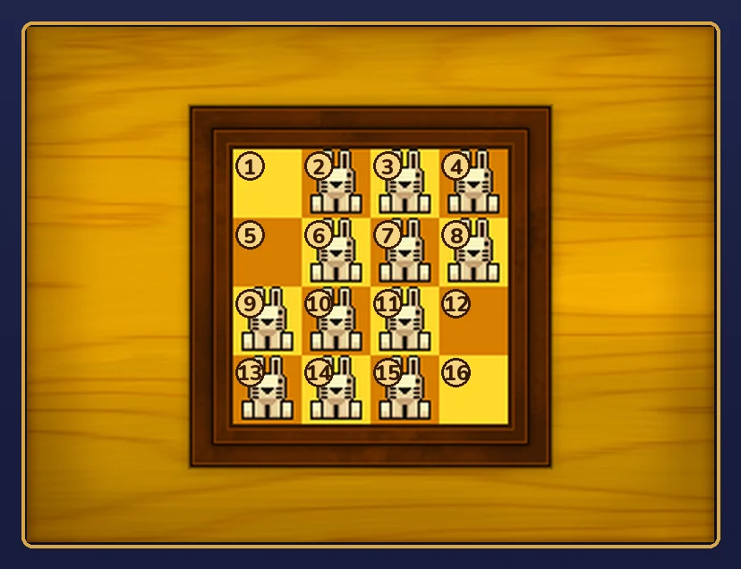 Miracle Mask Puzzle 006 Bunny-Hop Swap touch-display board rebuilt from the game's art, with the squares numbered 1 to 16 from the top-left corner, row by row, and squares 1, 5, 12 and 16 empty