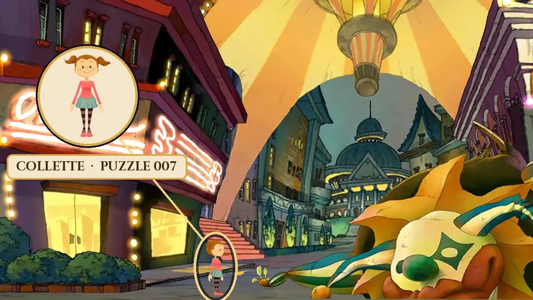 Collette, a girl with orange pigtails, a pink top and striped stockings, standing by the steps on the left of the Carnival Arcade at night in Monte d'Or