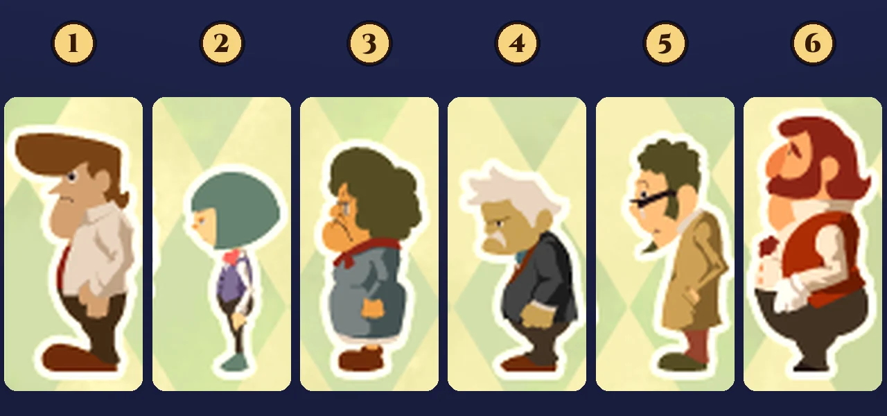 The six circus performers from the Puzzle 007 touch screen, numbered 1 to 6 from left to right