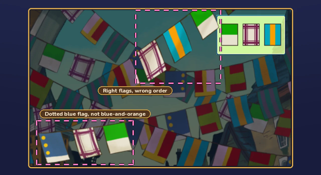 Carnival Colors flags rebuilt from the game's art with two near misses outlined: a blue flag with yellow dots next to checked and green-and-white flags, and a checked, blue-and-orange, green-and-white run in the wrong order