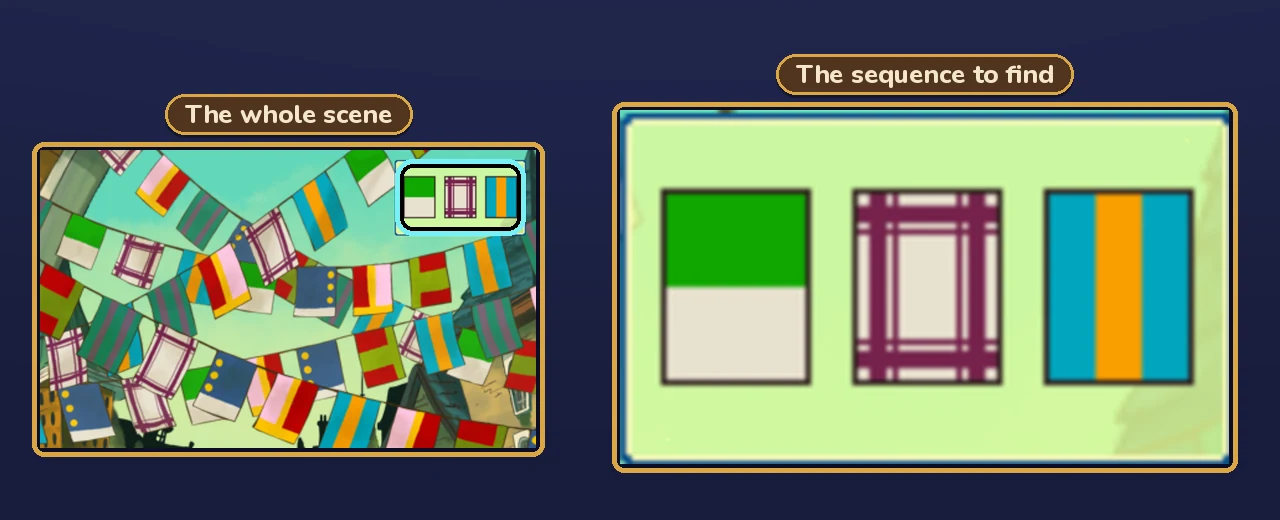 Carnival Colors sample box enlarged, rebuilt from the game's art: a green-and-white flag, a white flag with purple checks and a blue flag with an orange stripe
