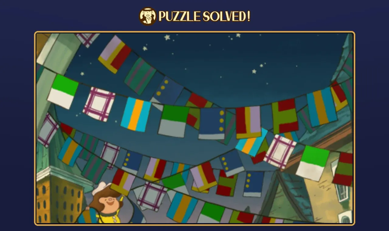 Carnival Colors solved, rebuilt from the game's art: the night-sky version of the scene with the two matching flag sequences lit up and the other flags dark, under a Puzzle Solved banner