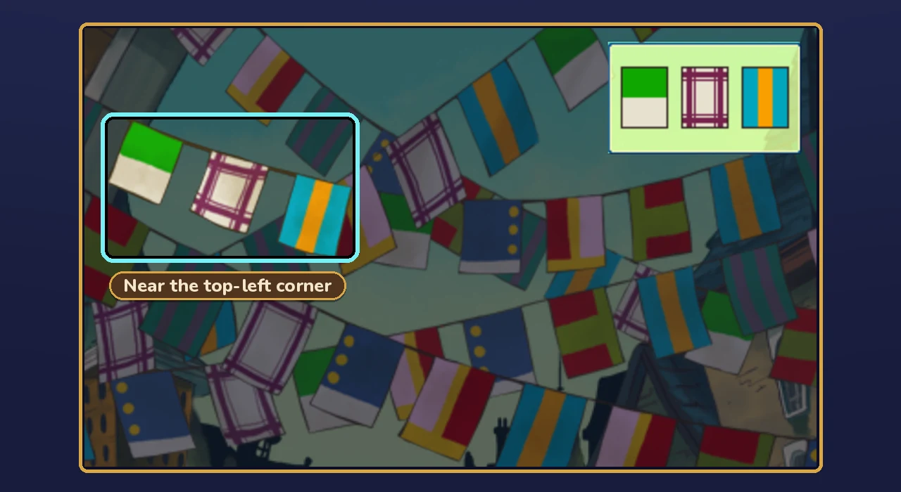 Carnival Colors flags rebuilt from the game's art with the rest of the scene dimmed: green-and-white, checked and blue-and-orange flags in a row near the top-left corner