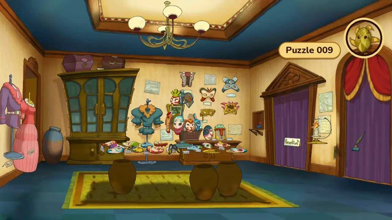 Madame Lapushka's in Professor Layton and the Miracle Mask: the golden sun mask above the red-curtained doorway on the far right circled in gold for Puzzle 009