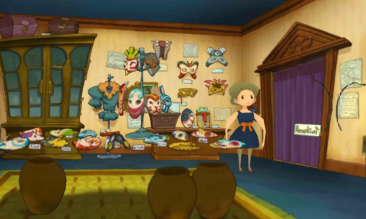 Madame Lapushka's costume boutique in Monte d'Or rebuilt from the game's art, with masks on the walls, a display cabinet, three large pots and Madame Lapushka standing by the curtained doorway