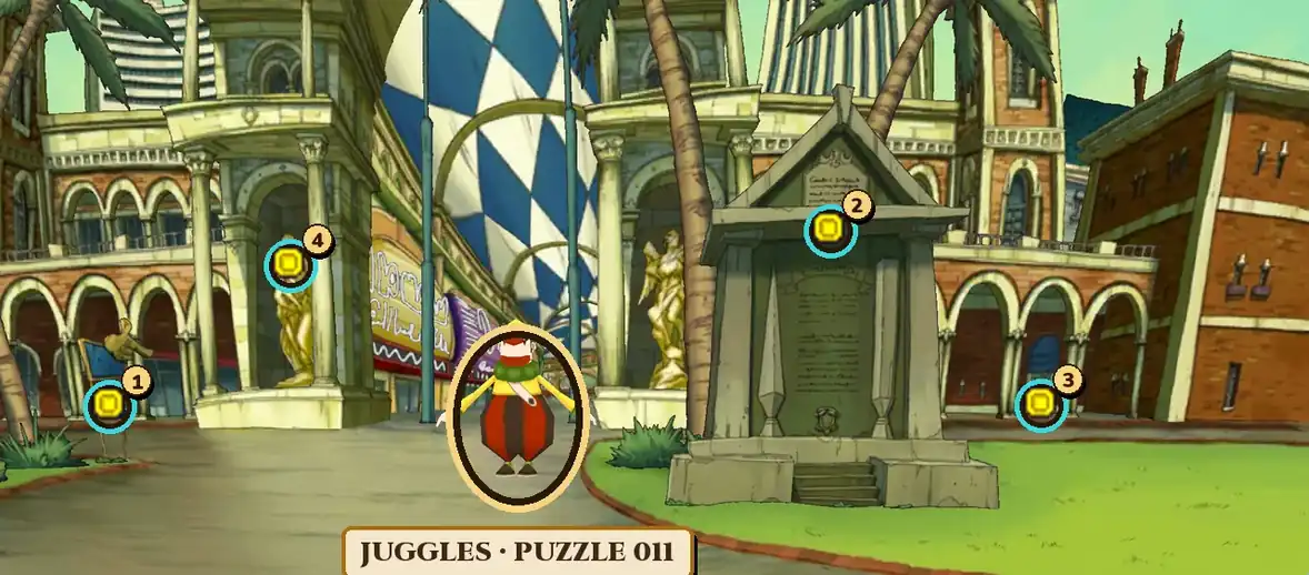 The City Monument in Professor Layton and the Miracle Mask with Juggles the clown circled in gold on the path left of the monument, and four hint coin spots numbered 1 to 4