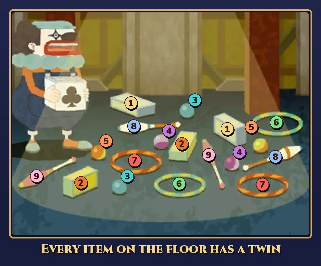 The juggling equipment on the floor with matching numbered badges on each pair: two pale blocks, two yellow blocks, three pairs of balls, two pairs of rings and two pairs of clubs