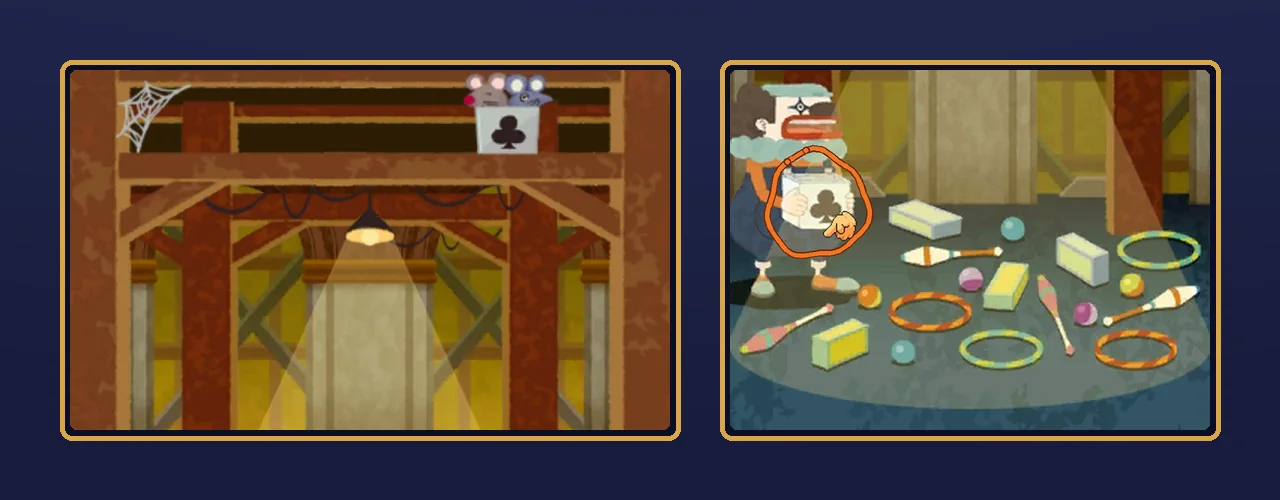 Backstage Blunder solved: an orange circle with the finger icon around the box the clown is holding, and on the top screen the missing twin box up on the rafters with the two mice inside it