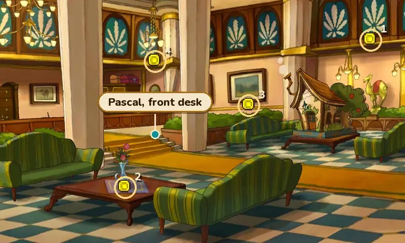 The Dromedary Lobby in Professor Layton and the Miracle Mask with Pascal's spot at the front desk marked in teal, and four hint coin spots numbered 1 to 4