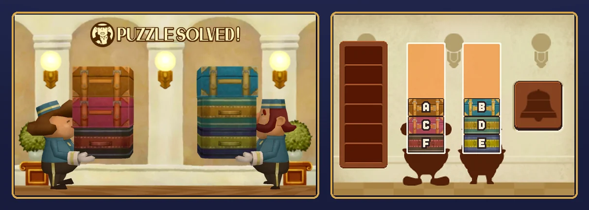 Sharing the Burden solved: the left porter holding bags F, A and C and the right porter holding bags E, B and D on the top screen, with the same piles on the Touch Screen