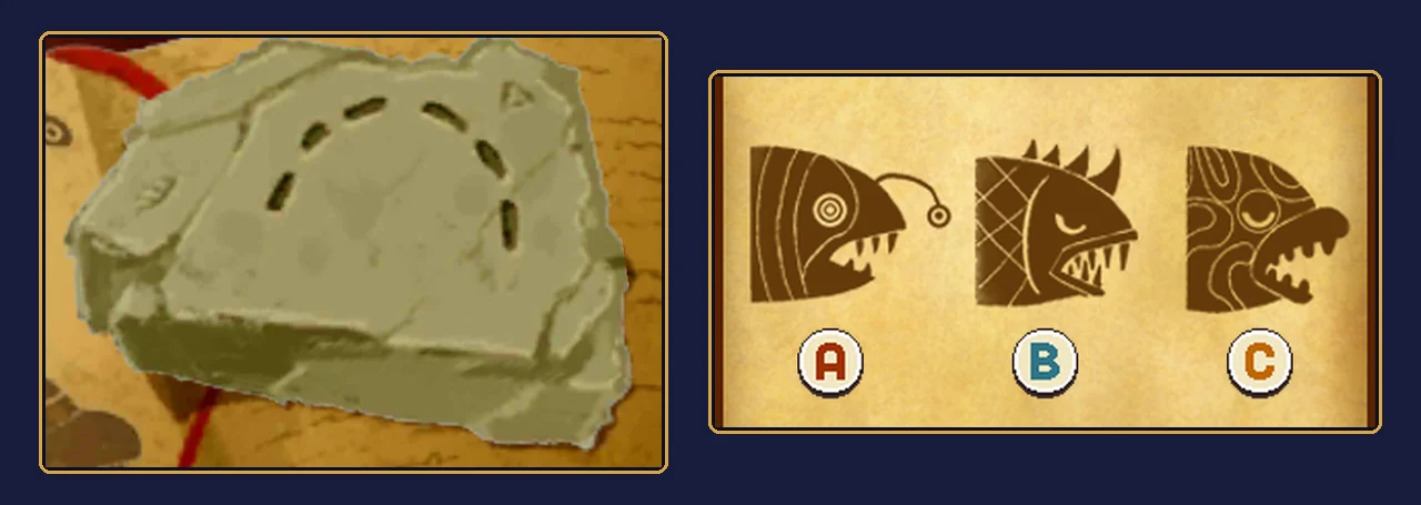 Close-up of the Puzzle 014 fossil with its tooth marks beside the three fish heads A, B and C from the book