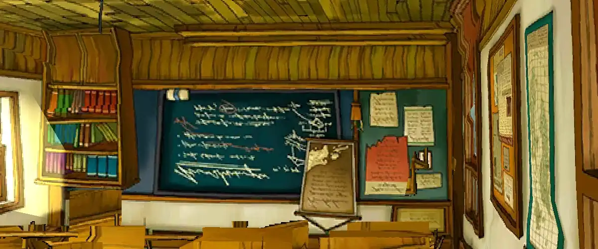 The Kingsbrook Academy classroom in Professor Layton and the Miracle Mask, looking toward the blackboard on the front wall