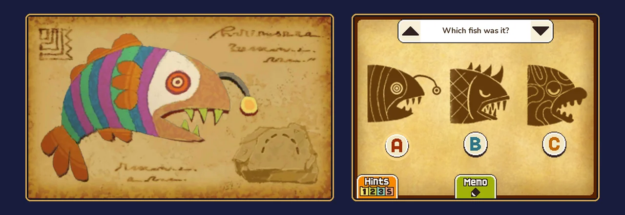 Bite of Bygone Days solved: the ancient fish shown in color on the top screen and A chosen on the touch screen