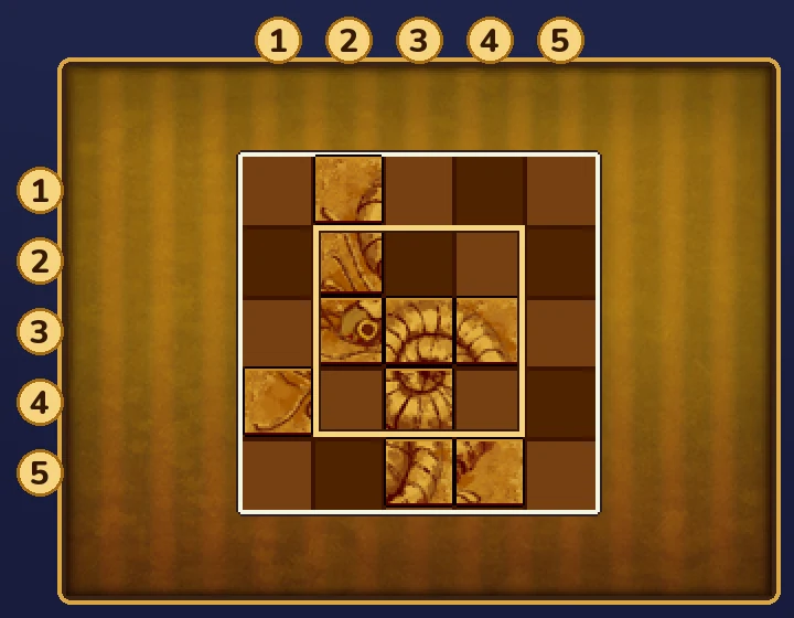 Miracle Mask Puzzle 015 Fix the Fossil grid rebuilt from the game's art, with columns numbered 1 to 5 from the left, rows numbered 1 to 5 from the top and the middle nine squares outlined in gold