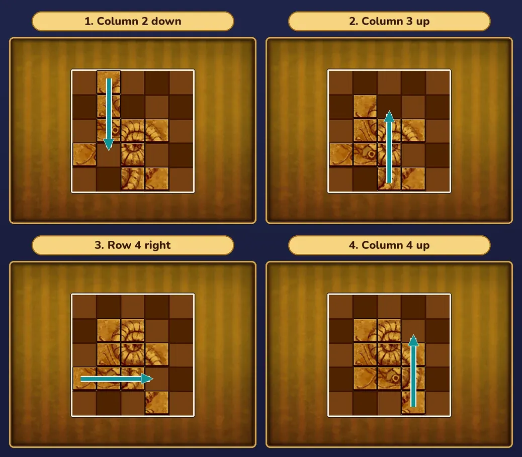 Fix the Fossil solution in four panels: column 2 slides down, column 3 slides up, row 4 slides right and column 4 slides up, each with an arrow on the three pieces that move