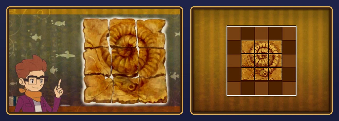 Fix the Fossil solved, rebuilt from the game's art: the finished ammonite fossil on the upper display and the nine pieces assembled in the middle of the grid on the touch display