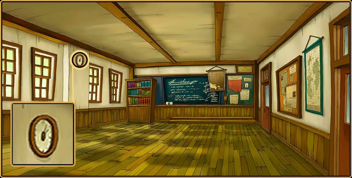 The Kingsbrook Academy Classroom rebuilt from the game's background art, without the desks, with a gold ring around the small clock on the left-hand side of the room, and a close-up of the clock in the lower left corner
