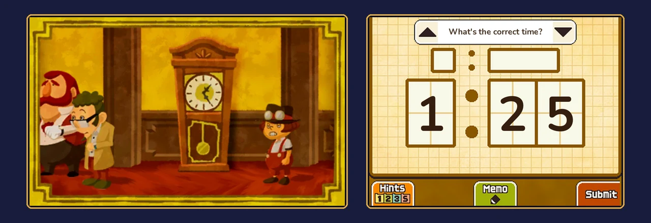 Wandering Watches solved, rebuilt from the game's art: a grandfather clock showing the correct time on the upper display, and the answer boxes filled in as 1, then 2 and 5, on the touch display