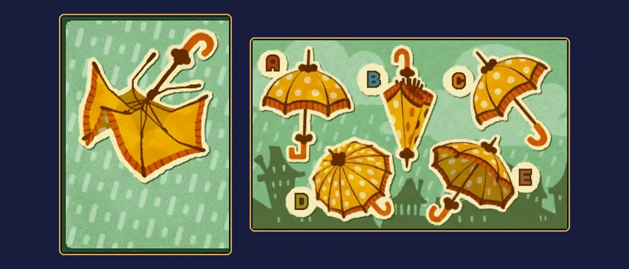 The broken, inside-out umbrella from Puzzle 017 enlarged on the left, beside the five umbrellas A to E on the right