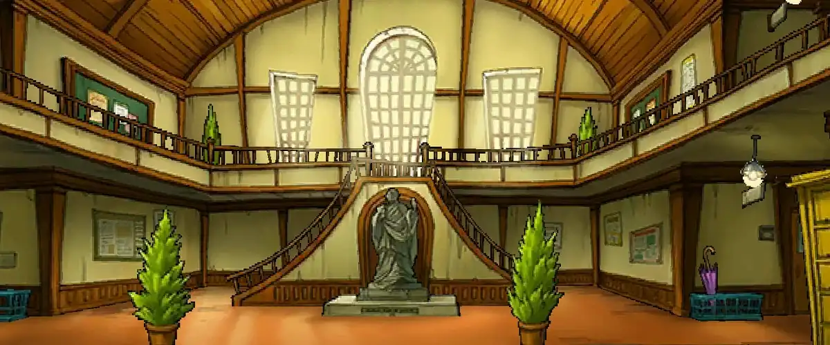 The Kingsbrook Academy entrance hall in Professor Layton and the Miracle Mask: a statue in front of a double staircase, two potted plants, and a blue basket holding a purple umbrella on the right side of the hall