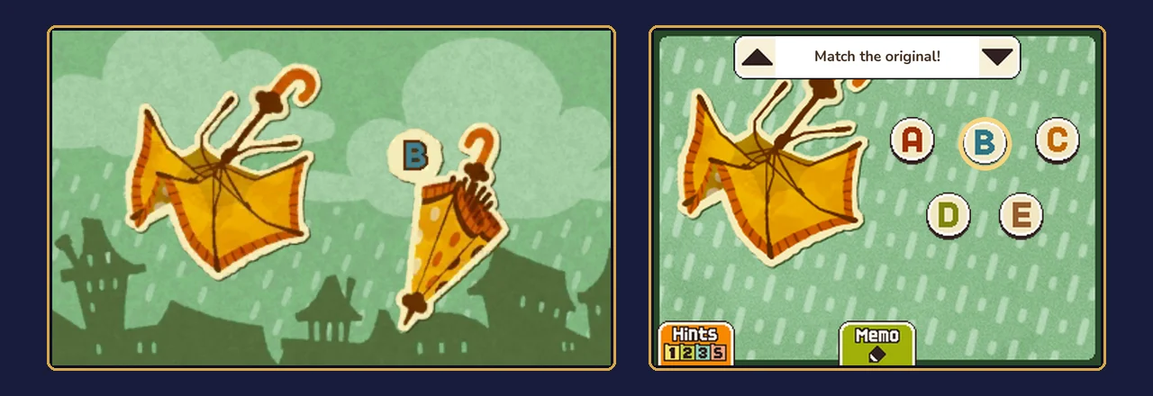 Busted Umbrella solved: the broken umbrella beside umbrella B on the top screen, and B chosen on the touch screen