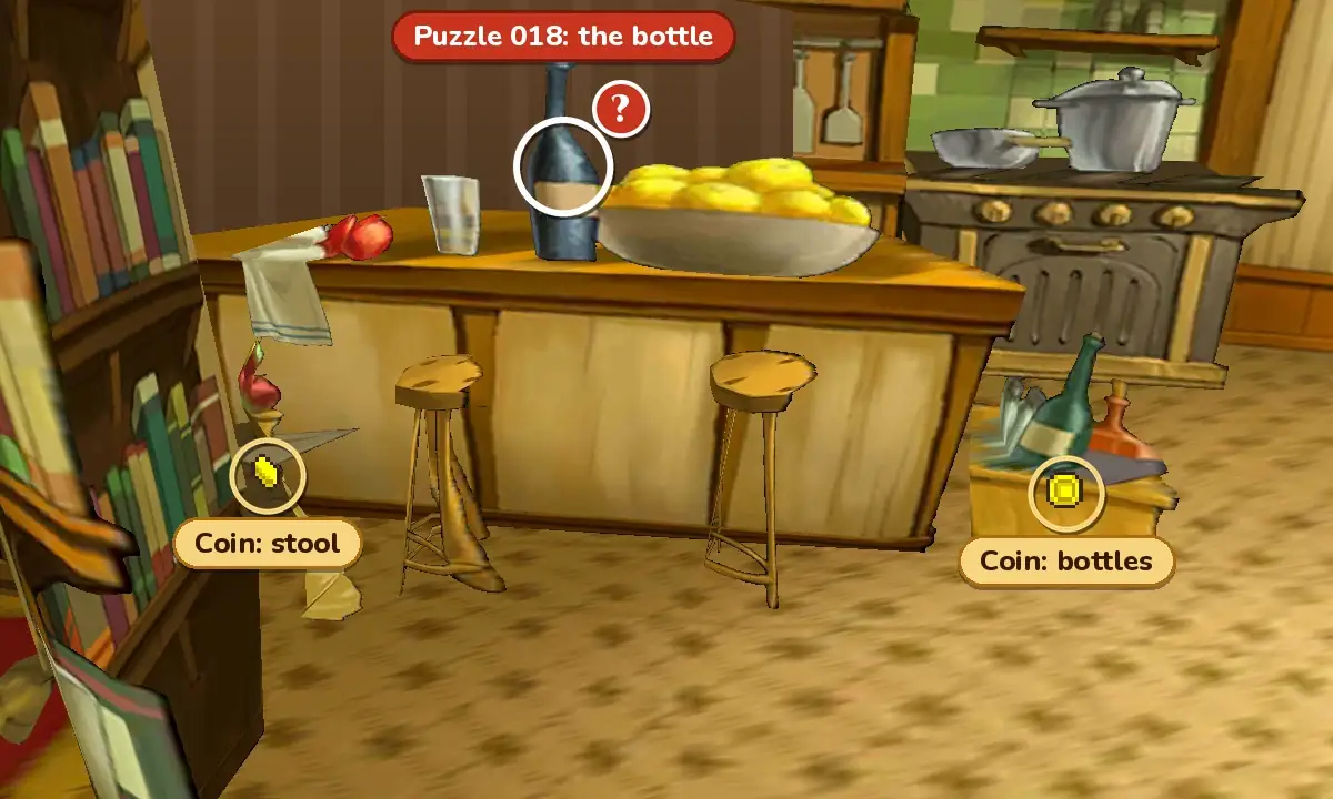 The kitchen counter behind the bookcase, rebuilt from the game's art: a dark blue bottle, a glass and a bowl of yellow fruit on the counter, two tall stools, a stove with pots, and bottles in a basket on the floor; markers show the puzzle bottle and hint coins on a stool and by the bottles on the floor