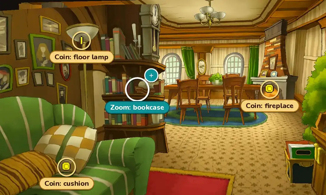 The Layton family's Living Room rebuilt from the game's art, with a green striped sofa, a floor lamp, a bookcase with a tall clock on top, a dining table under two arched windows and a brick fireplace; markers show hint coins on the sofa cushion, the floor lamp and the fireplace, and the zoom spot on the bookcase