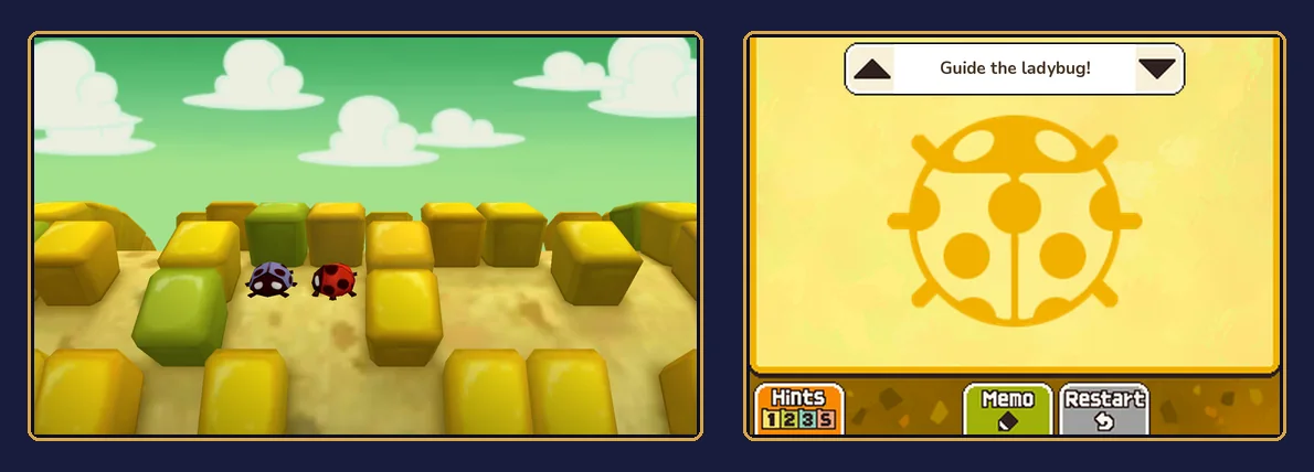 Spinning Maize solved, rebuilt from the game's art: the red ladybug next to the blue ladybug among the corn kernels on the upper display, and the yellow ladybug pad on the touch display