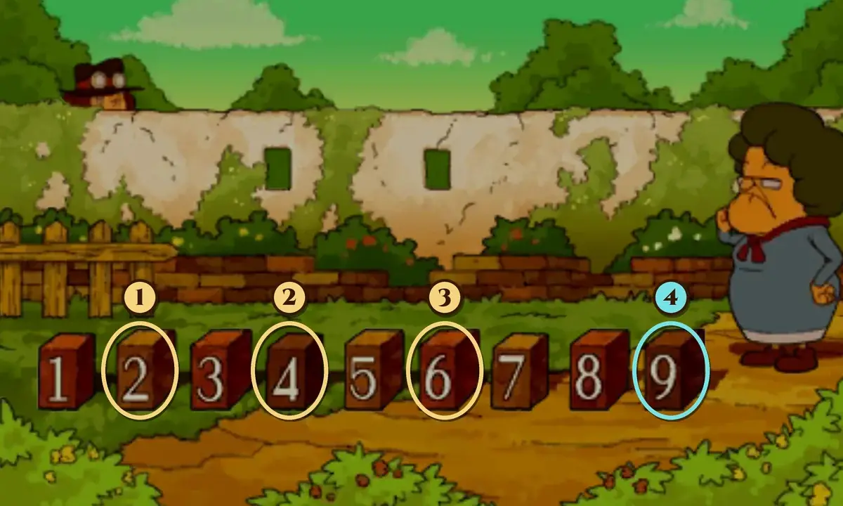 The nine bricks with gold rings and the numbers 1, 2 and 3 on bricks 2, 4 and 6, and a teal ring with the number 4 on brick 9