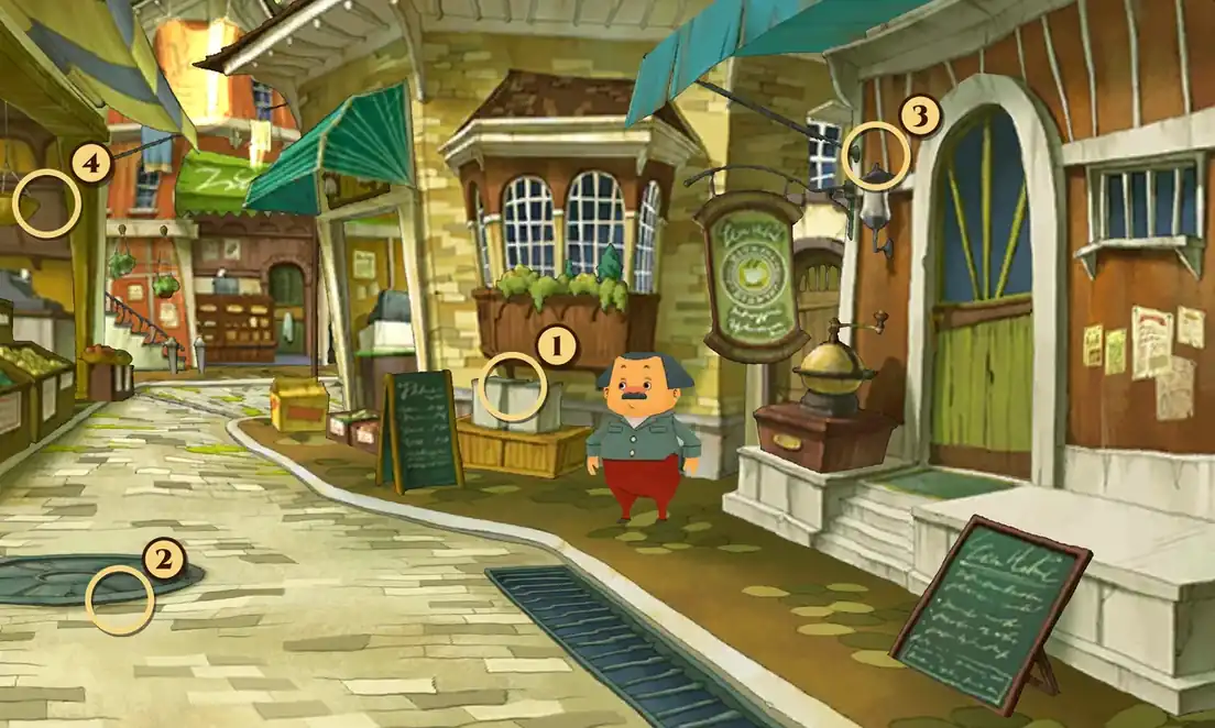 Market Street in Professor Layton and the Miracle Mask with Lionel standing in the street in front of a stack of crates and a café, and four numbered rings marking the hint coin spots: 1 on the white boxes on the crates, 2 on the manhole cover at the bottom left, 3 on the hanging street lamp at the upper right and 4 on the hanging basket at the far left edge