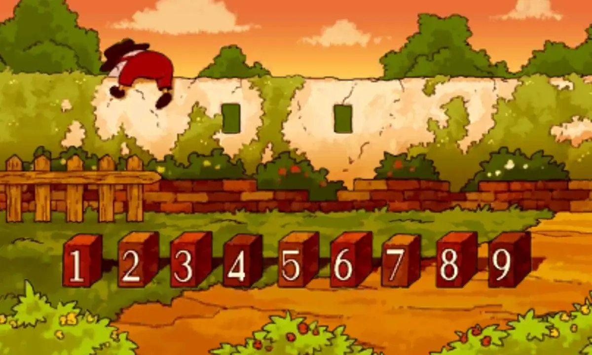 The garden at sunset after the puzzle is solved: the man is climbing over the wall at the top left, the woman has gone, and the nine numbered bricks are still in a row