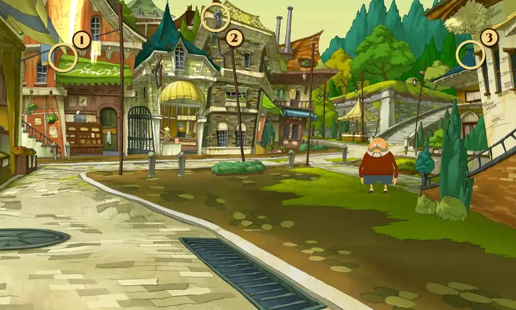 Old Towne in Professor Layton and the Miracle Mask with Doug, a bald man with a white mustache and a red sweater, standing on the grass right of center, and three numbered rings marking the hint coin spots: 1 on the white hanging signboard above the green awning at the upper left, 2 on the roof pipes at the top of the tall middle building and 3 under the eaves of the small blue roof at the upper right