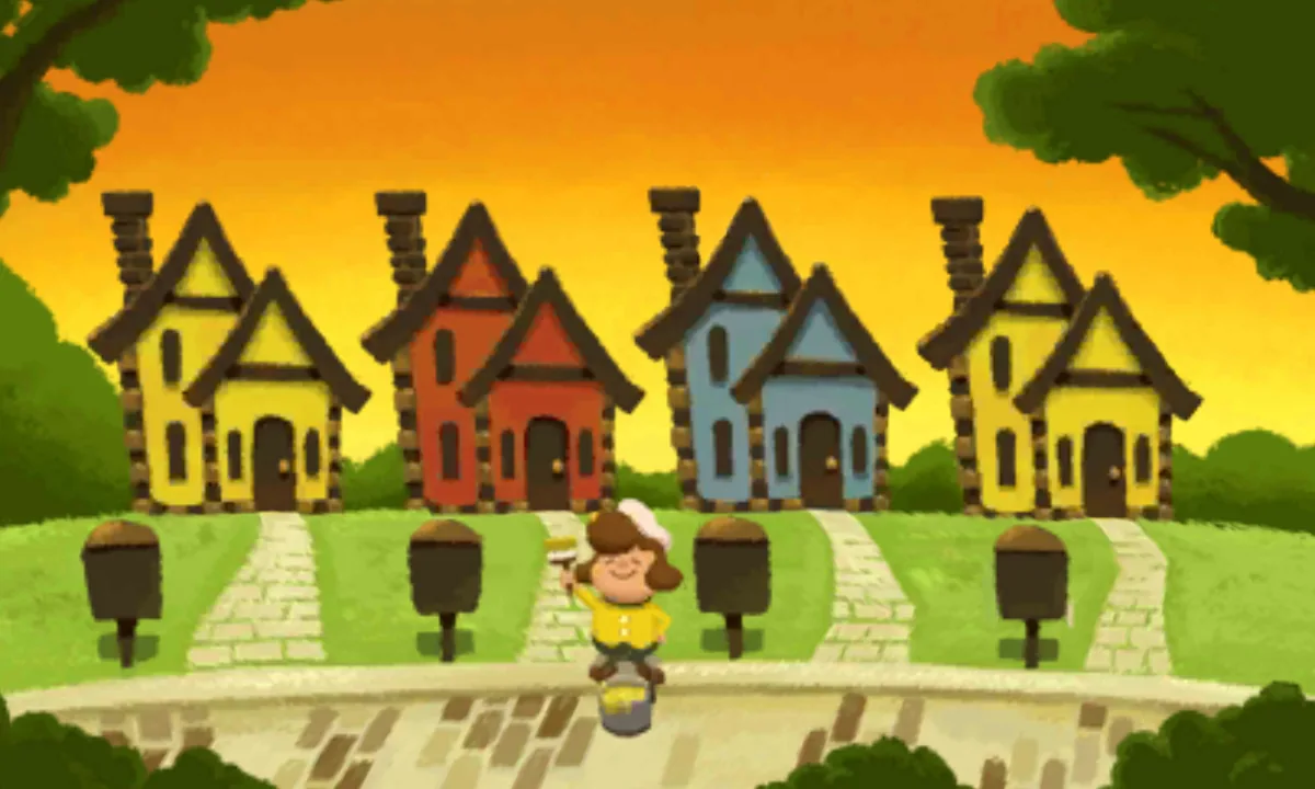 The row of four houses at sunset after the puzzle is solved, now yellow, red, blue and yellow, with the girl holding a paintbrush in front of them