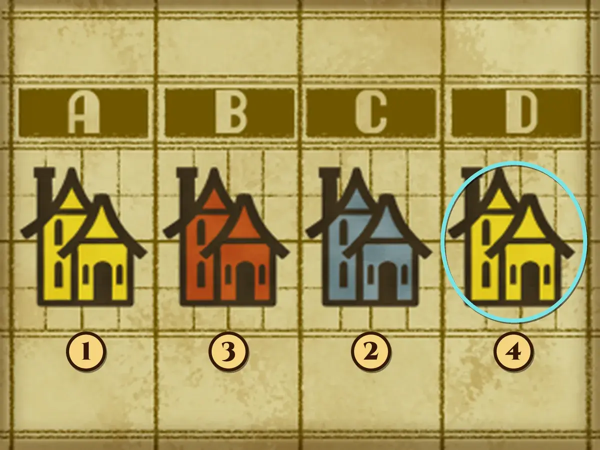 The board with houses A to D colored yellow, red, blue and yellow, a teal ring around house D and the tenant numbers 1, 3, 2 and 4 under houses A, B, C and D