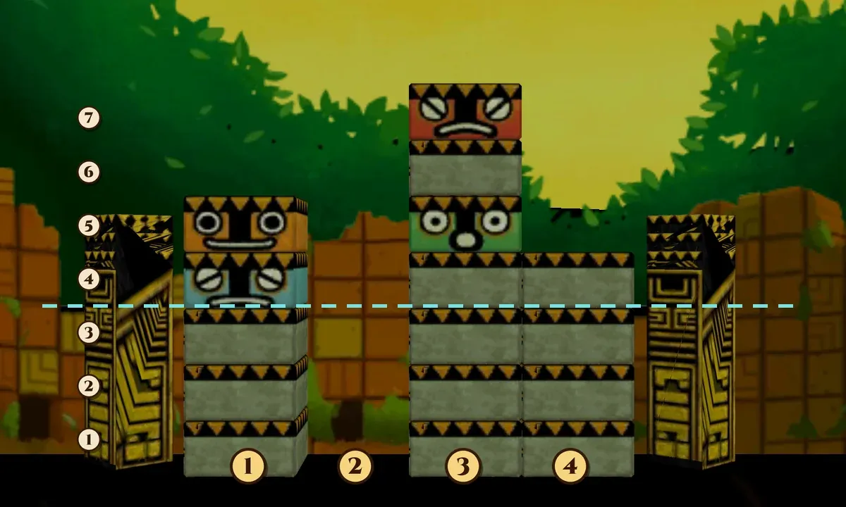 The jumbled totem blocks with gold badges numbering the columns 1 to 4 from left to right and the rows 1 to 7 from the bottom, and a dashed teal line along the bottom of row 4, where every totem head has to end up