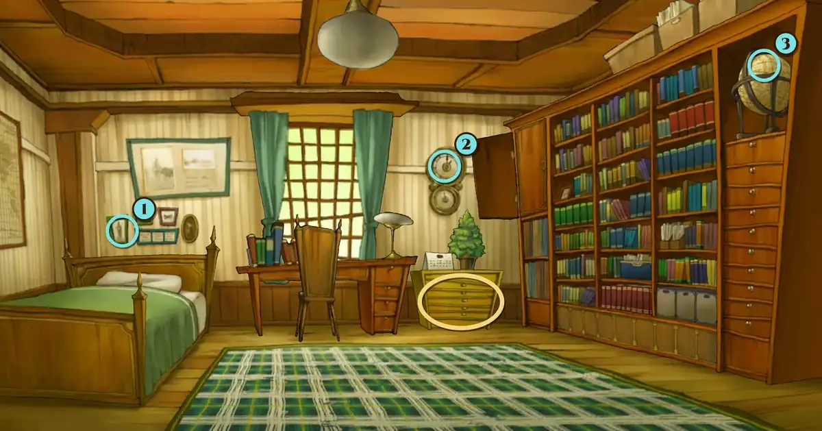 Hershel's Room in Professor Layton and the Miracle Mask: a bed on the left, a desk under a curtained window, a yellow chest of drawers with a potted tree marked with a gold ring, and three numbered teal rings marking the hint coin spots: 1 on a small framed picture above the bed, 2 on the wall clock and 3 on the globe on top of the tall cabinet at the right
