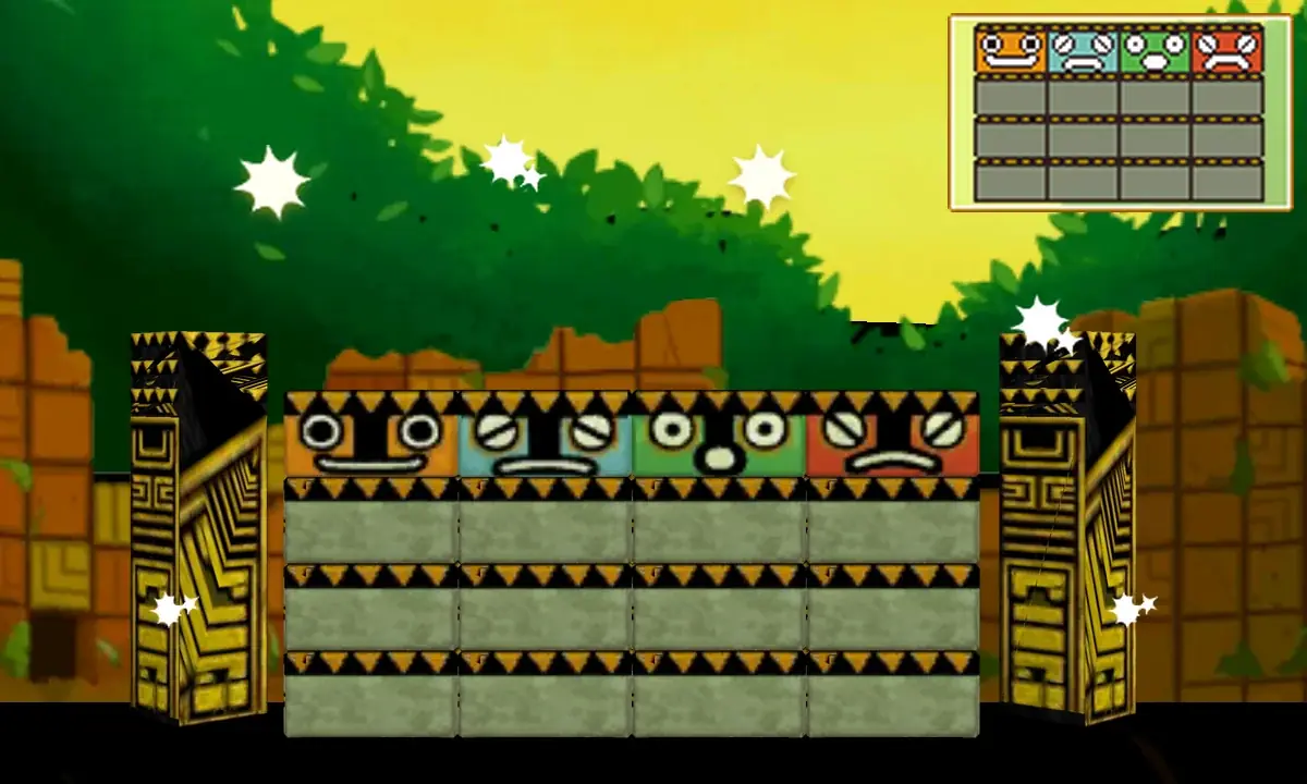 The totems put back together: four columns of three grey plain blocks with the yellow, blue, green and red heads on top from left to right, between the two carved side totems, with white sparkles around them and the small board at the top right