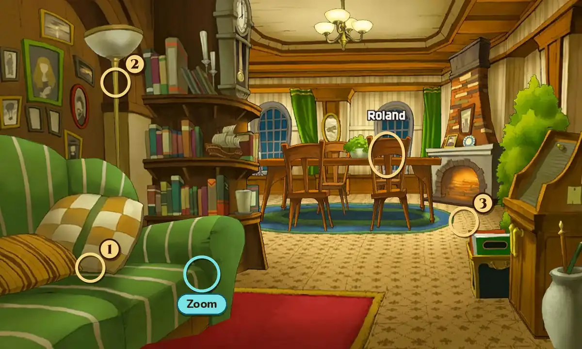 The Layton family Living Room at night, with a green striped sofa at the lower left, a curved bookcase and a grandfather clock on the left, a dining table and chairs in the middle and a fireplace on the right. A gold ring with the name plate Roland marks the far end of the dining table, numbered rings mark hint coin spots 1 on the checked cushion of the sofa, 2 on the floor lamp at the upper left and 3 near the fireplace, and a teal ring labeled Zoom sits just above the sofa's arm, at the foot of the bookcase