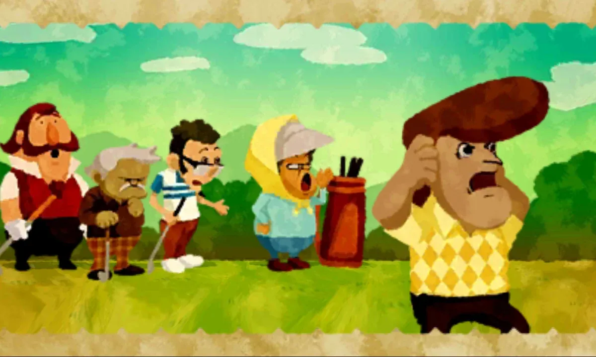The golf course after the puzzle is solved: the golfer with very tall hair in the foreground clutches his head with his mouth wide open, and the caddy and the other three golfers look on in shock