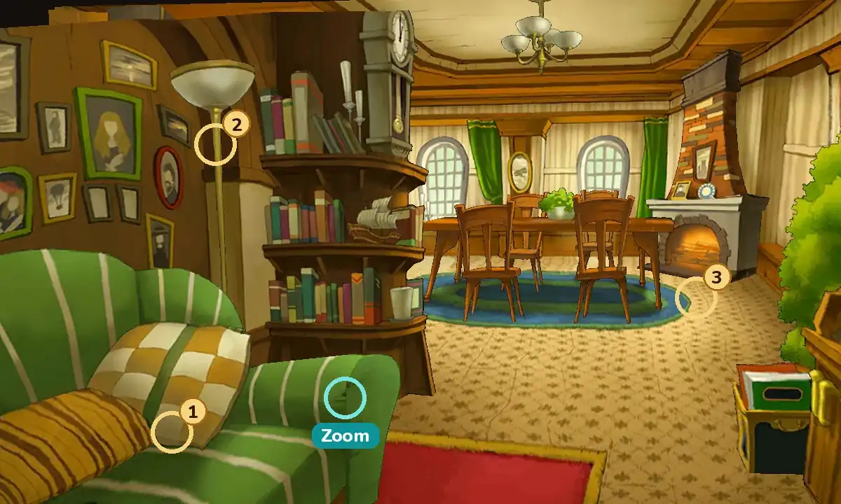 The Layton family Living Room, with a green striped armchair at the lower left, a curved bookcase and a grandfather clock on the left, a dining table and chairs in the middle and a fireplace on the right. Numbered gold rings mark hint coin spots 1 on the checked cushion of the armchair, 2 on the floor lamp at the upper left and 3 at the fireplace, and a teal ring labeled Zoom sits on the arm of the armchair, at the foot of the bookcase