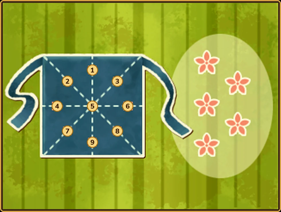 The touch screen of Puzzle 024 with gold number badges added over the nine X marks on the apron: 1 at the top, 2 at the upper left, 3 at the upper right, 4 at the left, 5 in the center, 6 at the right, 7 at the lower left, 8 at the lower right and 9 at the bottom, with the five flowers still in the pale oval on the right