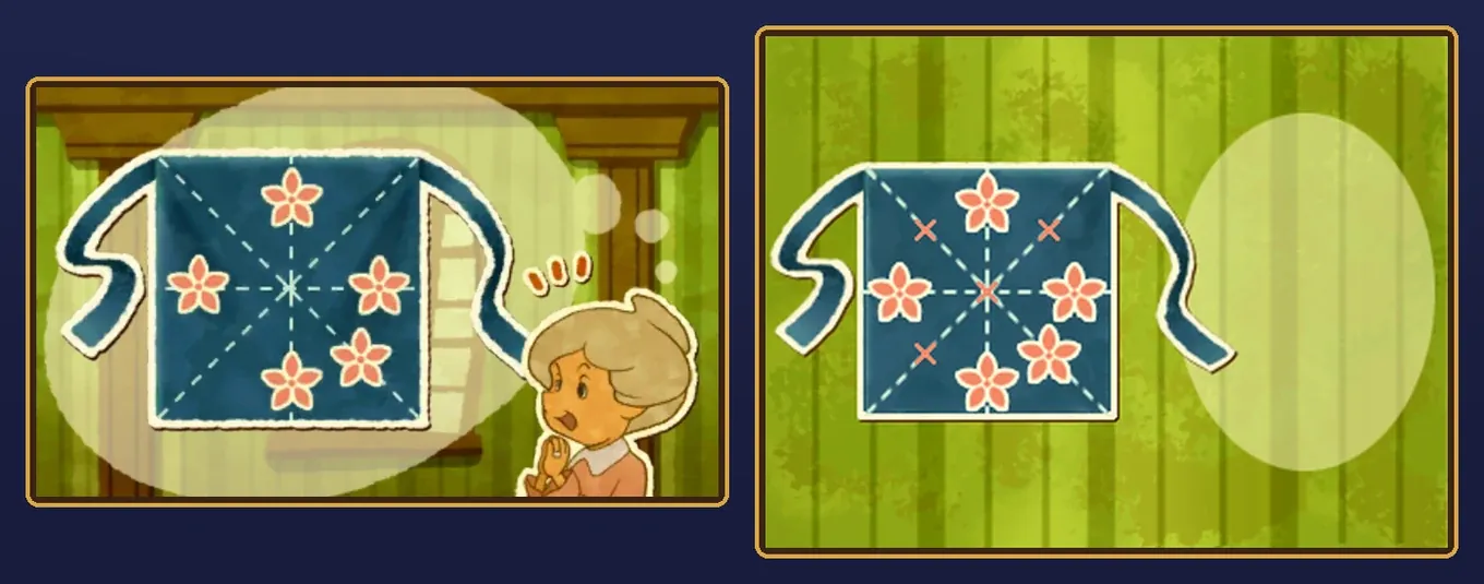 Puzzle 024 solved. On the left, the top screen shows the unfolded apron with five flowers, at the top, left, right, lower right and bottom, and Lucille at the lower right with her hand to her mouth and a speech bubble of dots; on the right, the touch screen shows the same five flowers on marks 1, 4, 6, 8 and 9, with the X marks at the upper left, upper right, center and lower left still empty