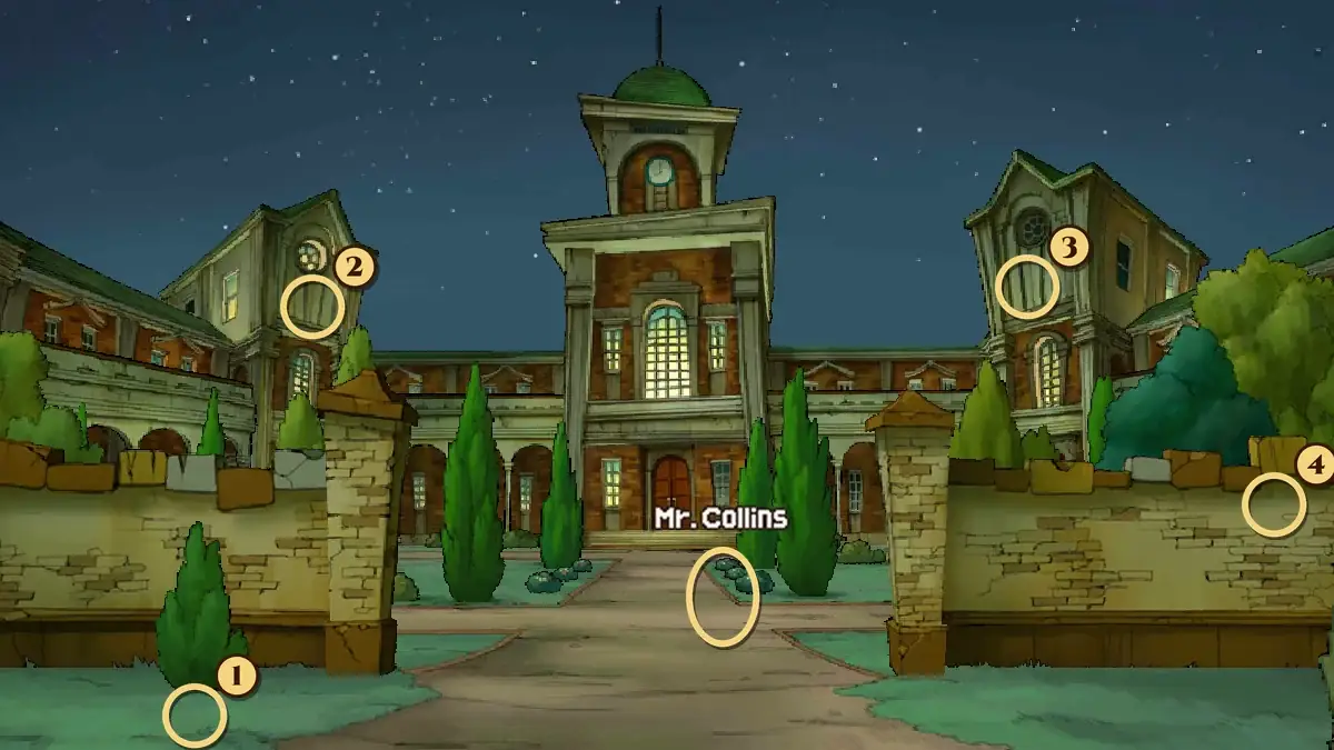 The Academy Gate at night: a brick school building with a central clock tower and a domed roof, a tower with a round window on each side, tall cypress trees and a path leading through a gateway between two stone pillars in a low wall. A gold ring with the name plate Mr. Collins marks the path just inside the gateway, and numbered rings mark hint coin spots 1 at the foot of the small shrub in front of the left wall, 2 on the left tower just below its round window, 3 on the right tower just below its round window and 4 on the wall to the right of the gateway