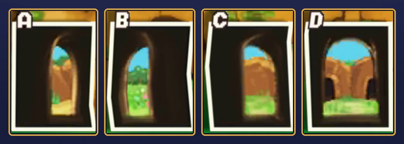 The four photos from the top screen, enlarged: A looks through a narrow opening toward orange rock and a patch of pale sand; B looks through an opening toward green bushes and pink flowers; C looks through an opening at a wall of orange rock above green grass; D looks straight through a wide opening at a rock face with two dark cave mouths and grass in front