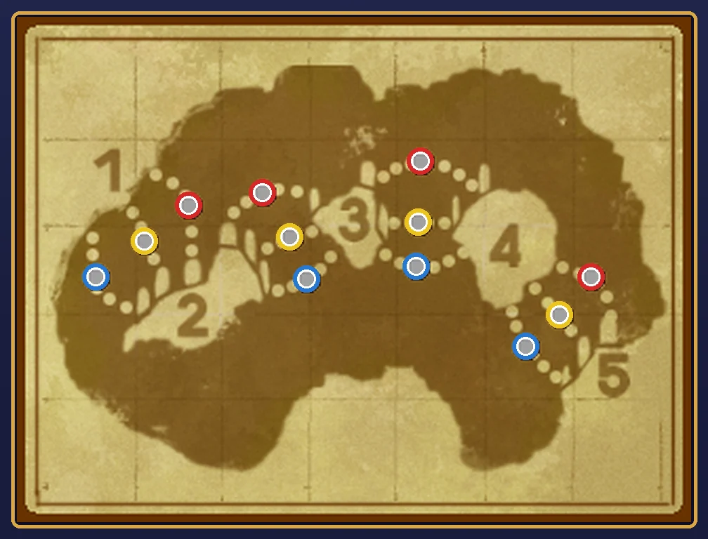 The touch-screen parchment map with all twelve dots still grey, each ringed in the color of the cave it stands for: on every stretch between the numbered areas, one dot is ringed red, one yellow and one blue, matching the red, yellow and blue lines on the top screen