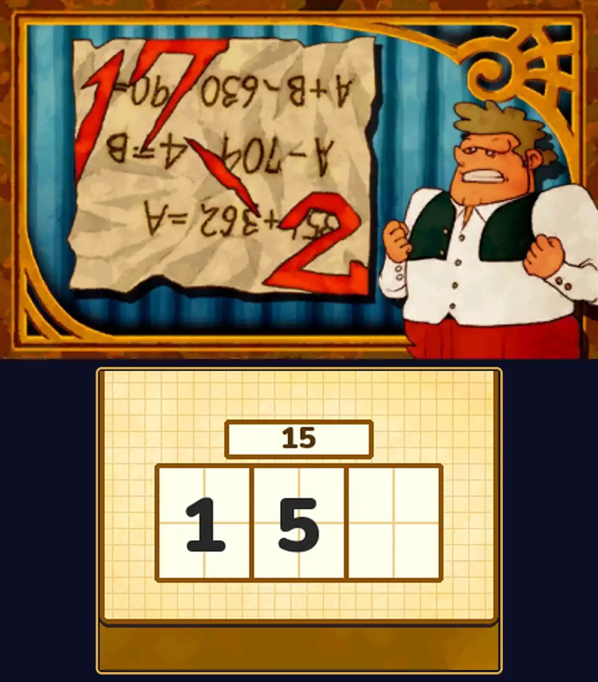 Mangled Math solved: the homework sheet turned upside down with the rips forming 17 and 2 in red, and 15 written in the answer boxes
