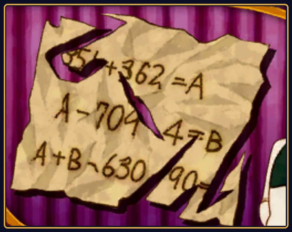 Close-up of the Puzzle 026 homework sheet: three lines of equations using A and B, with jagged rips through the paper