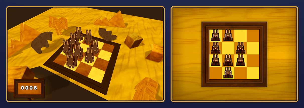 Bunny-Hop Swap 2 solved: all eight rabbits brown on the wooden board with the jump counter at 0006, and on the touch screen board on squares 1, 2, 5, 7, 9, 10, 11 and 14