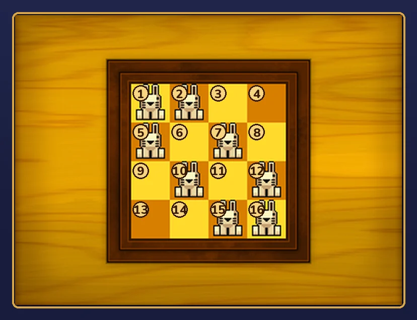The Bunny-Hop Swap 2 touch screen board with the sixteen squares numbered 1 to 16, left to right and top to bottom, and white rabbits on squares 1, 2, 5, 7, 10, 12, 15 and 16